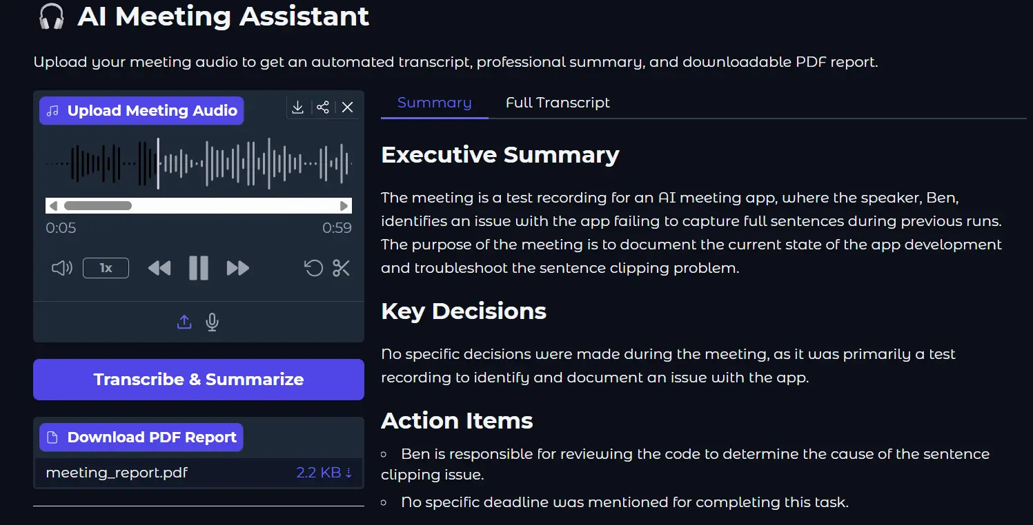 Meeting Analysis Bot summary view