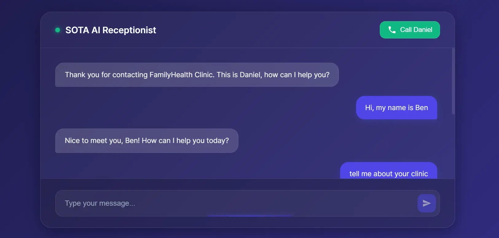 Receptionist AI interface screenshot